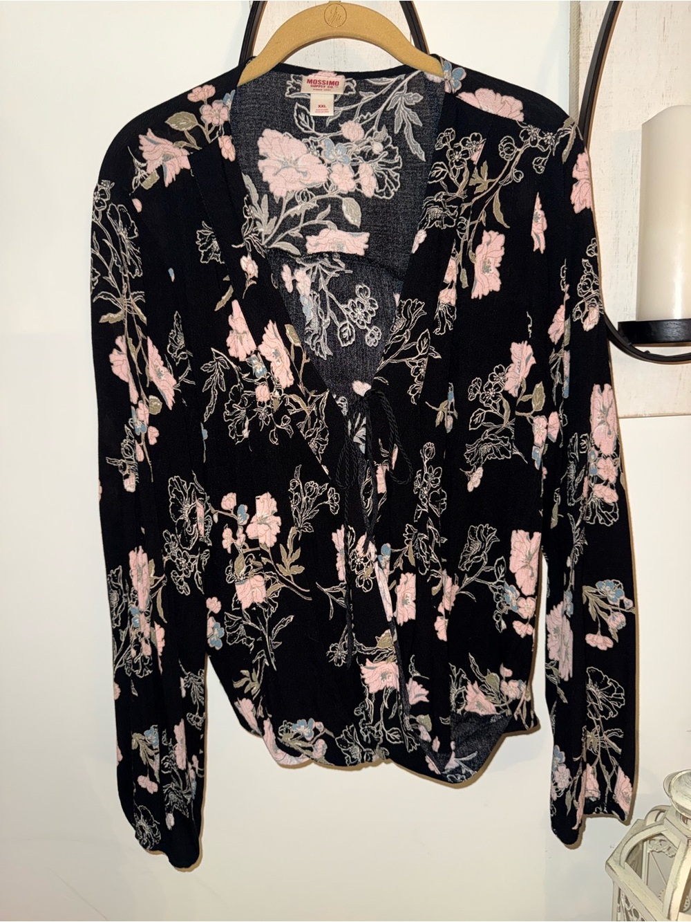 Mossimo Supply Co. Black Floral Tie-Front Long Sleeve Top - Pink Floral